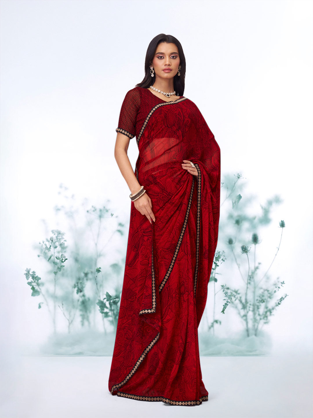 Red floral printed georgette saree casual wear