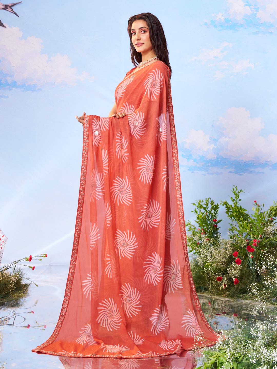 Peach spiral floral printed chiffon saree daily wear