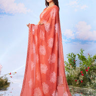 Peach spiral floral printed chiffon saree daily wear