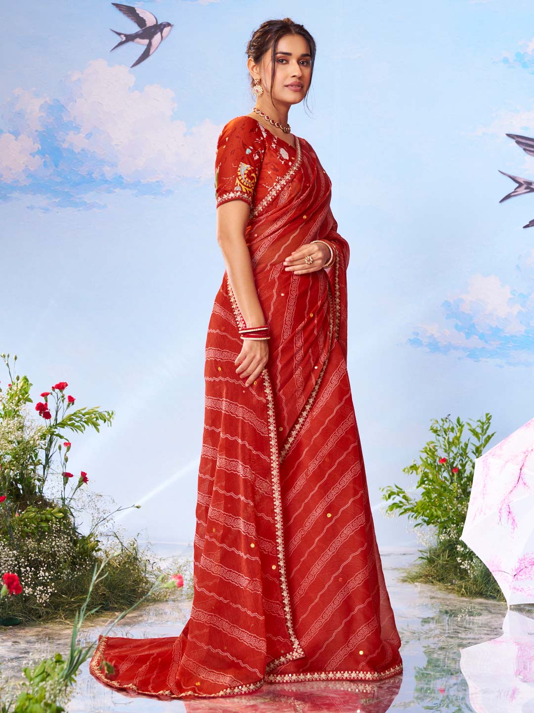  Red mirror embellished silk blend saree wedding wear 