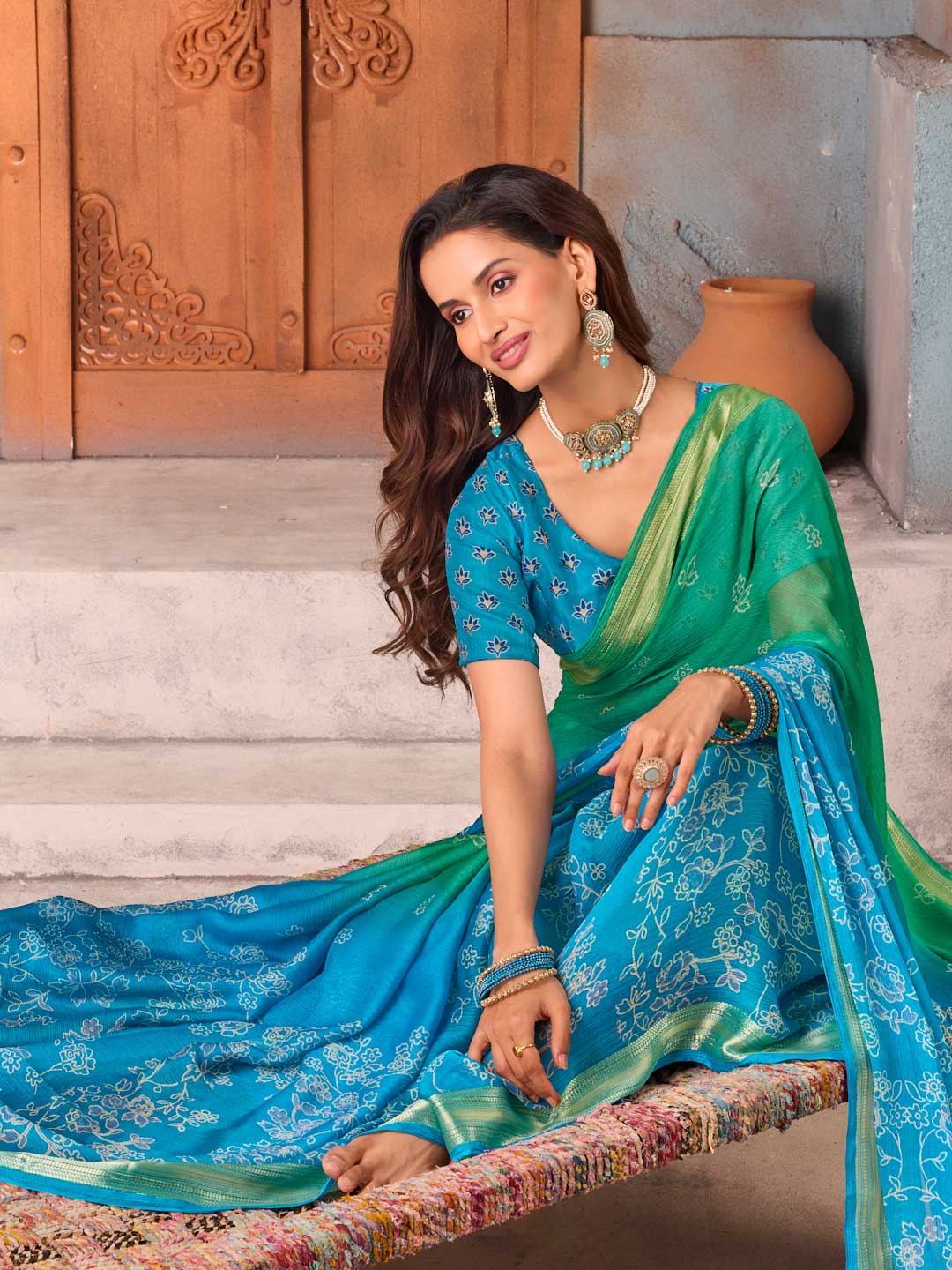Blue floral printed chiffon saree party wear