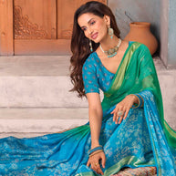 Blue floral printed chiffon saree party wear