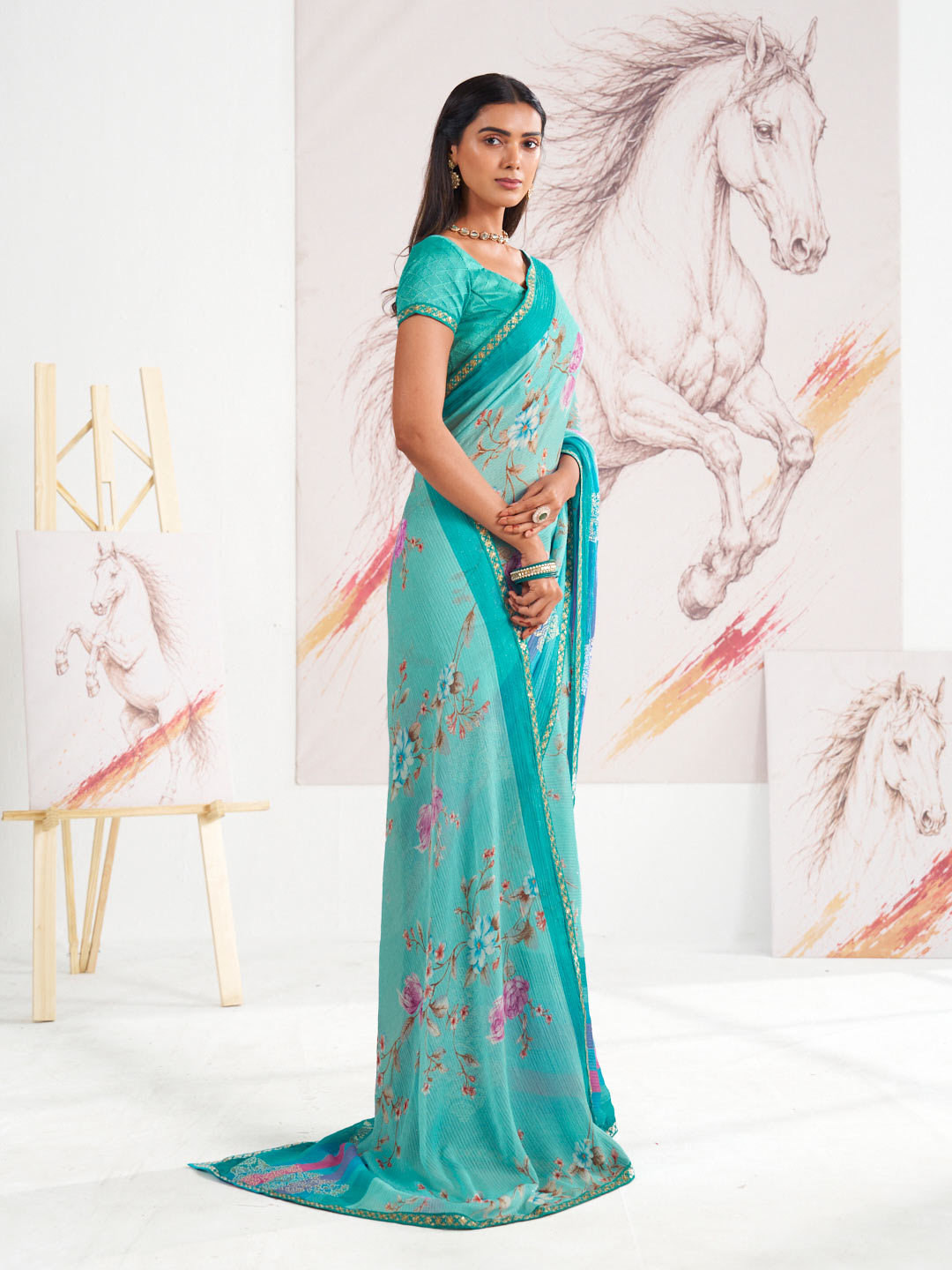 Laxmipati Murli Blue Chiffon Floral Saree