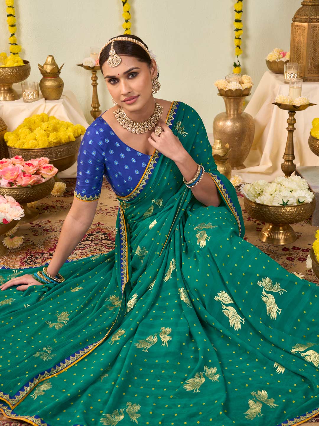 Green bandhani printed georgette saree casual wear
