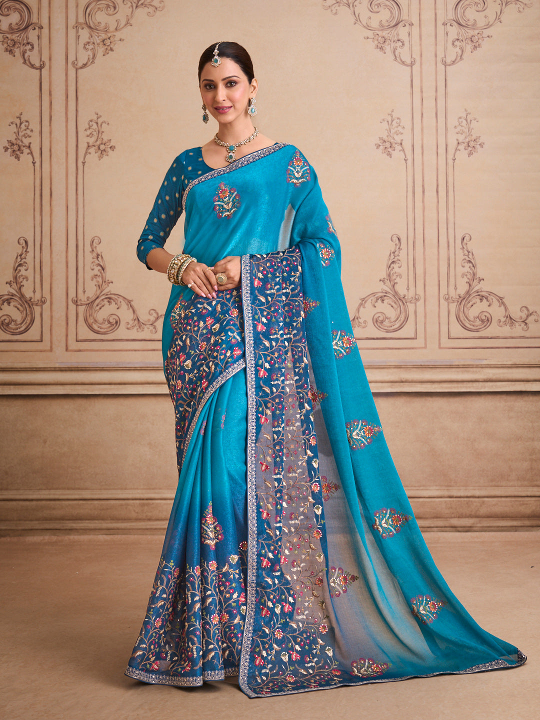 Blue embroidered silk blend saree festive wear