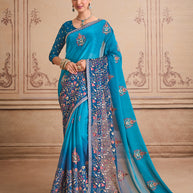 Blue embroidered silk blend saree festive wear