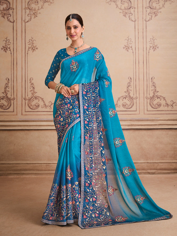 Blue embroidered silk blend saree festive wear