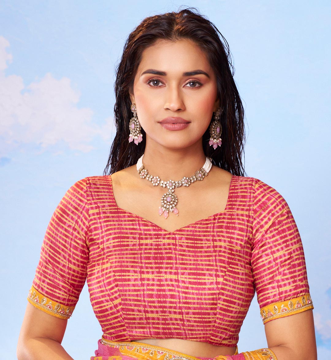 Pink geometric printed chiffon saree ethnic wear