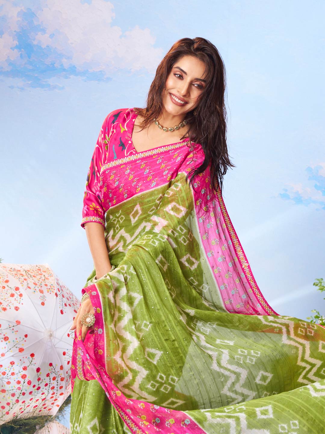 Green plain silk saree ethnic wear