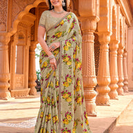 Brown silk blend multicolor floral printed saree