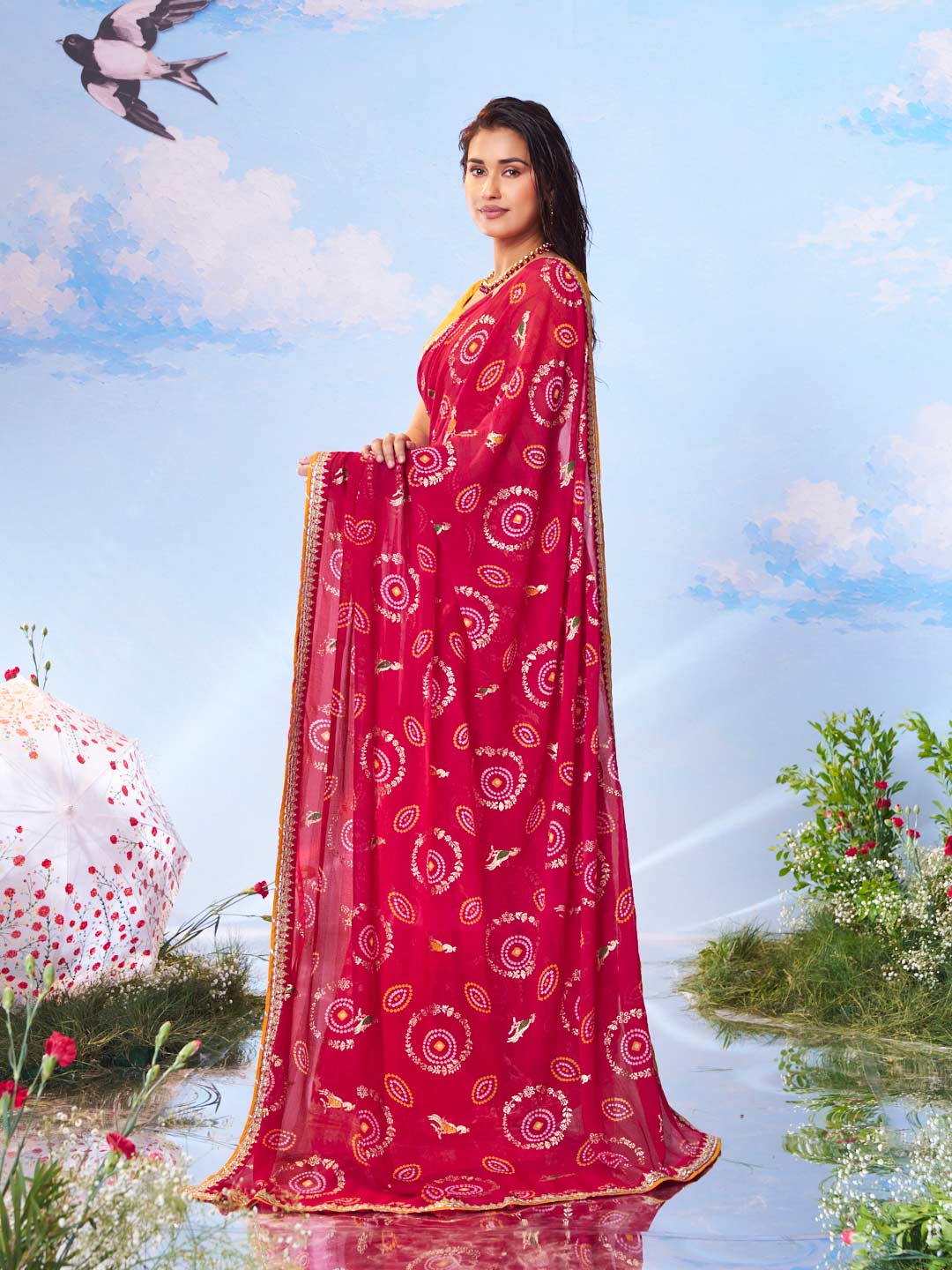 Red bandhani printed georgette saree casual wear 