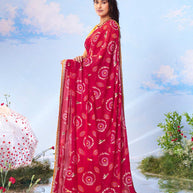 Red bandhani printed georgette saree casual wear 