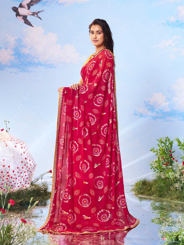 Red bandhani printed georgette saree casual wear 