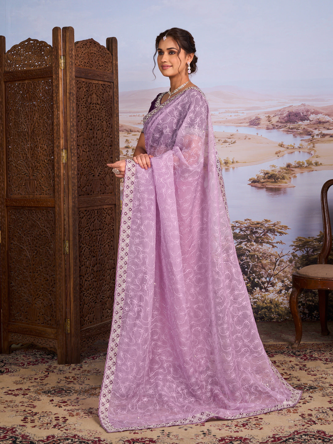 Purple floral embroidered chiffon saree daily wear