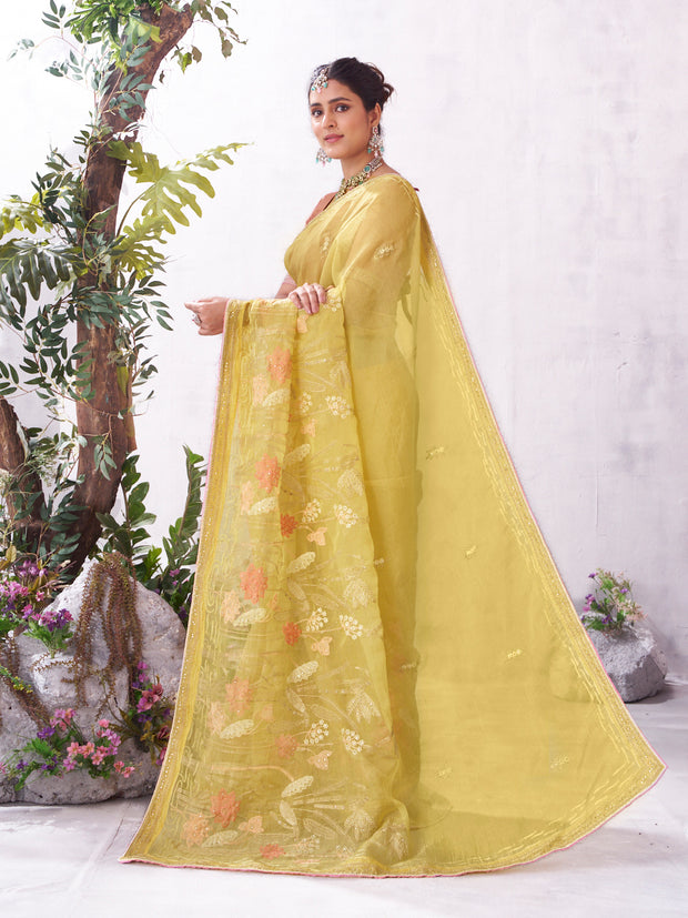 Yellow embroidered saree lightweight style