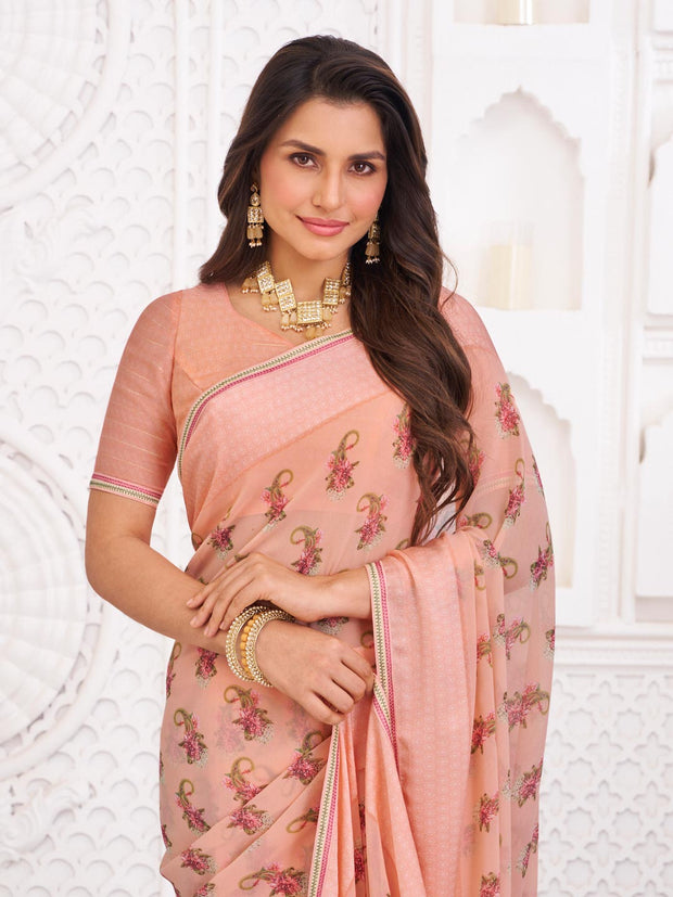 designer peach printed saree