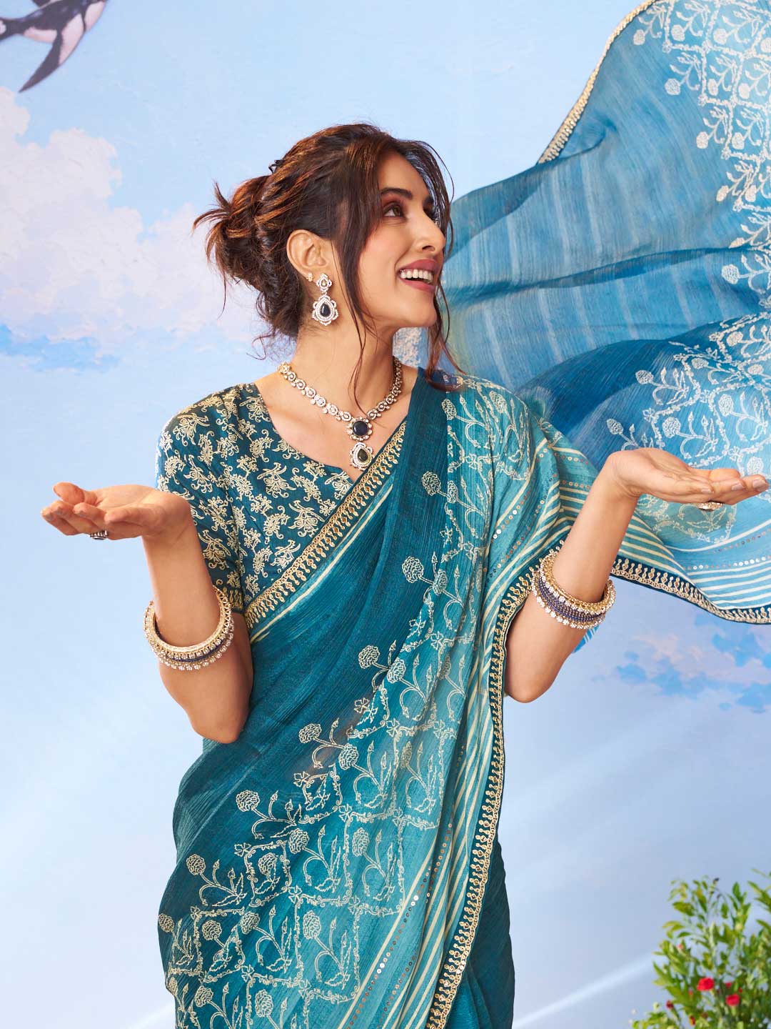 Blue geometric printed silk blend saree ethnic wear