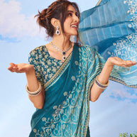 Blue geometric printed silk blend saree ethnic wear