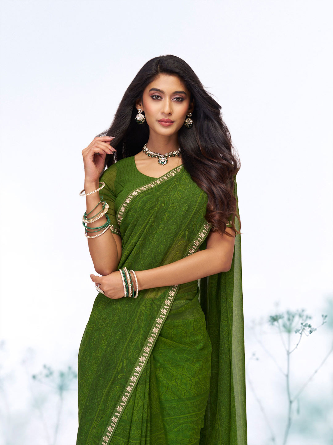 Green floral printed georgette saree wedding wear