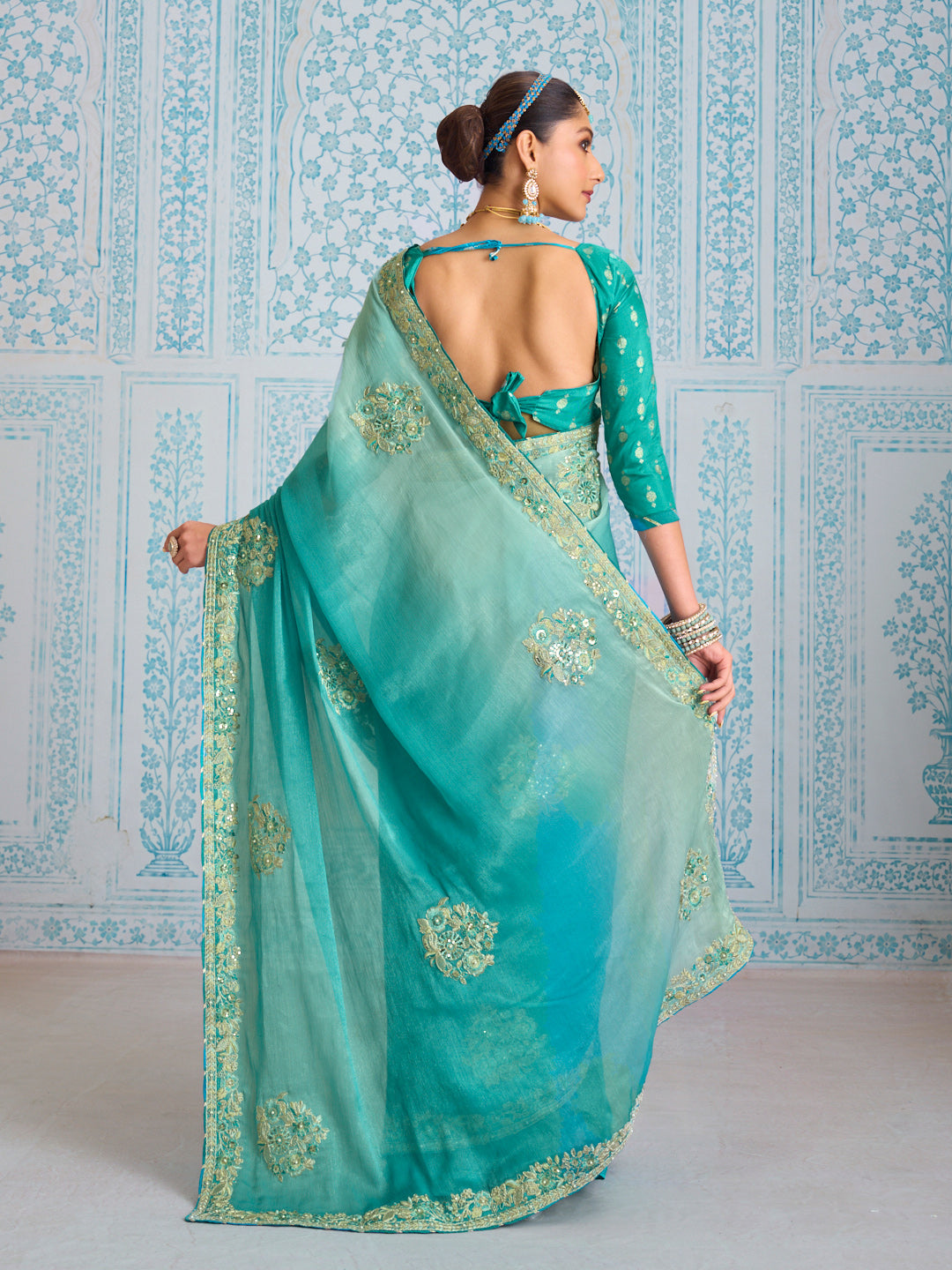 Laxmipati Aanya Blue Chiffon Embroidered Saree