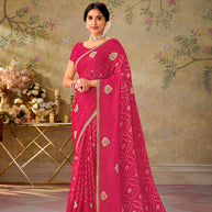 Pink floral embroidered chiffon saree party wear