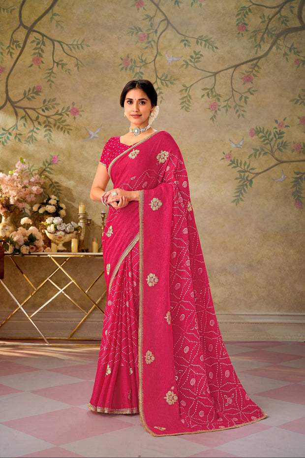 Pink floral embroidered chiffon saree party wear