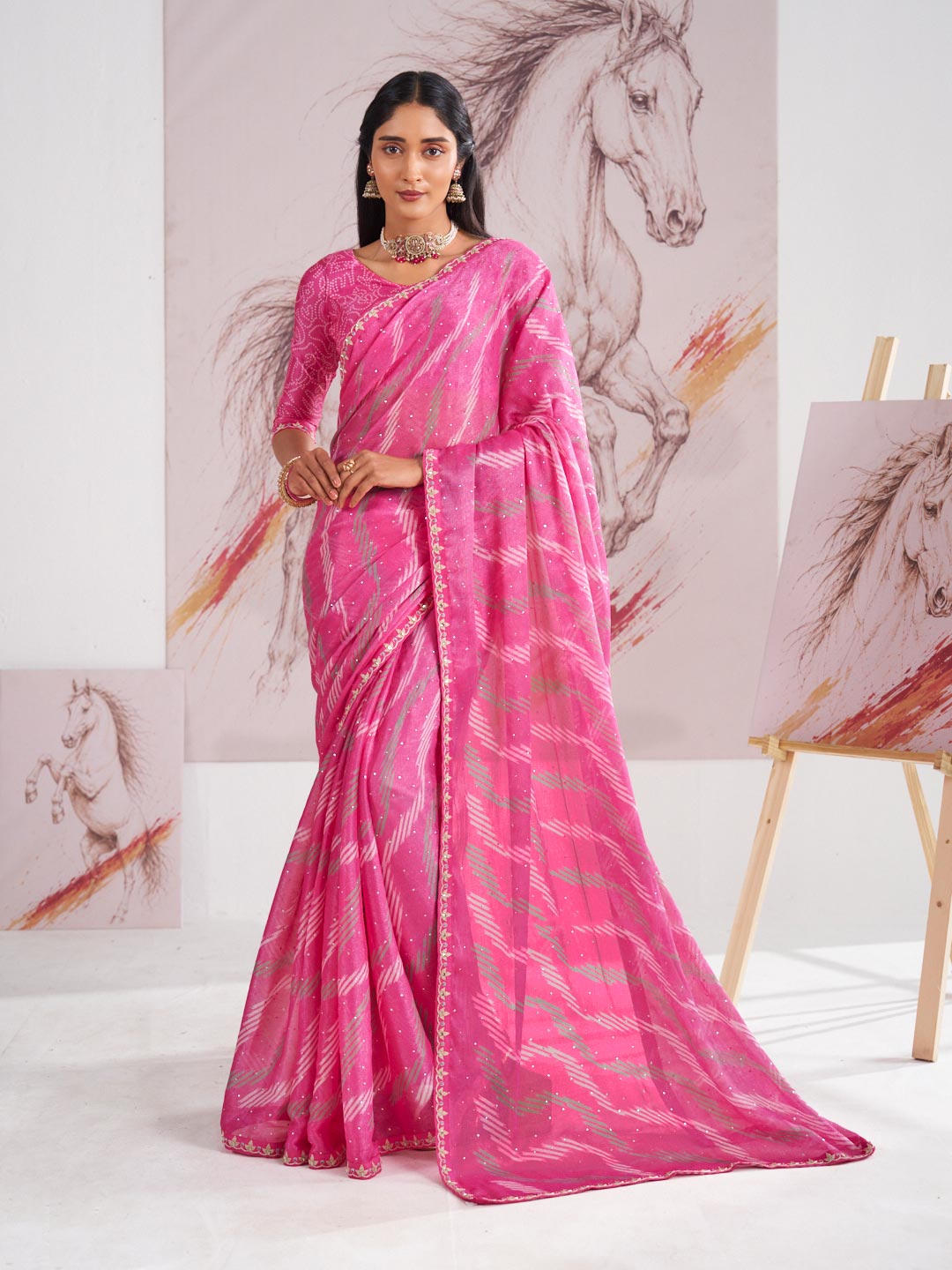 Laxmipati Murli Pink Chiffon Geometric Saree