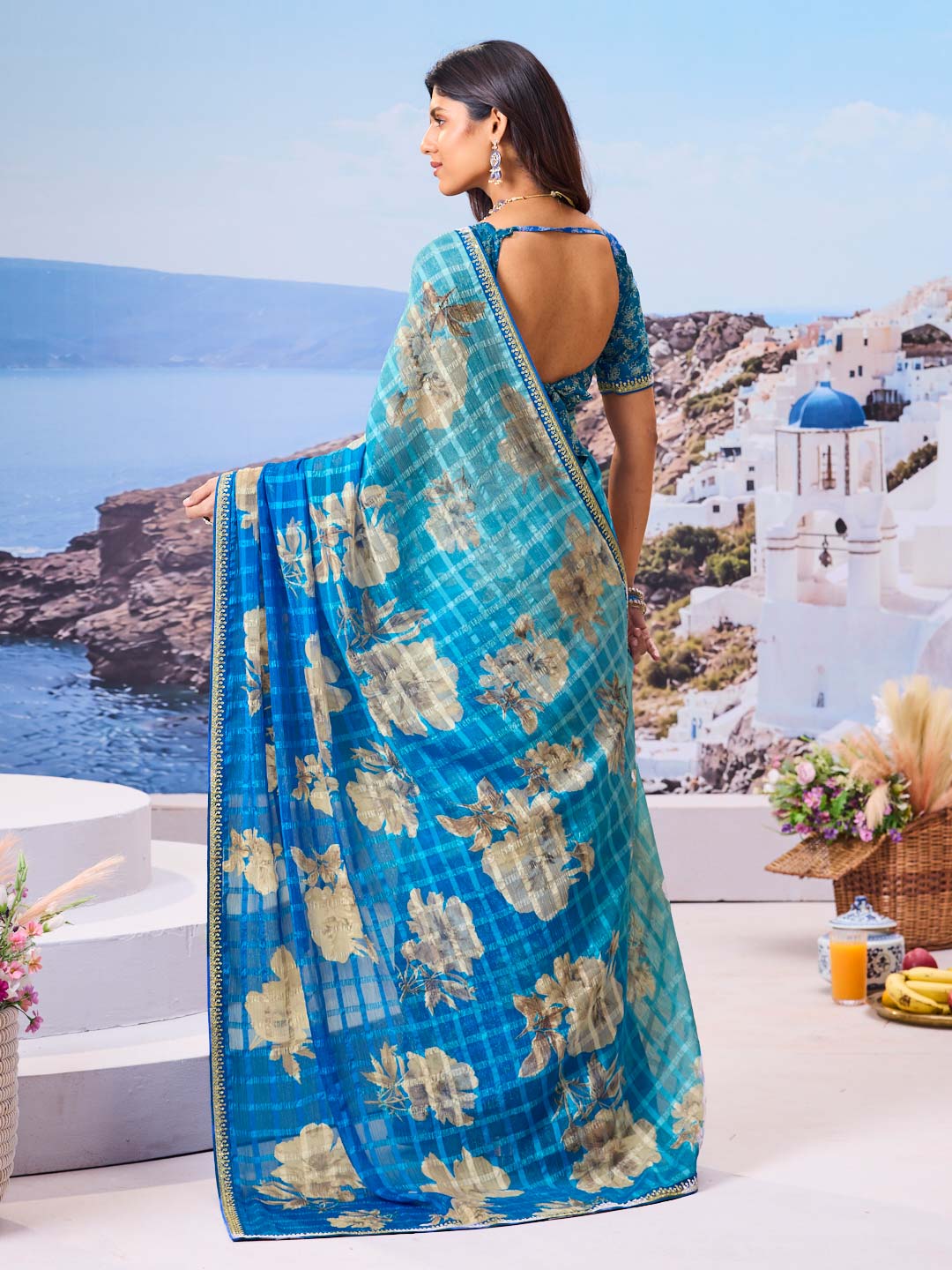 Blue trendy floral saree
