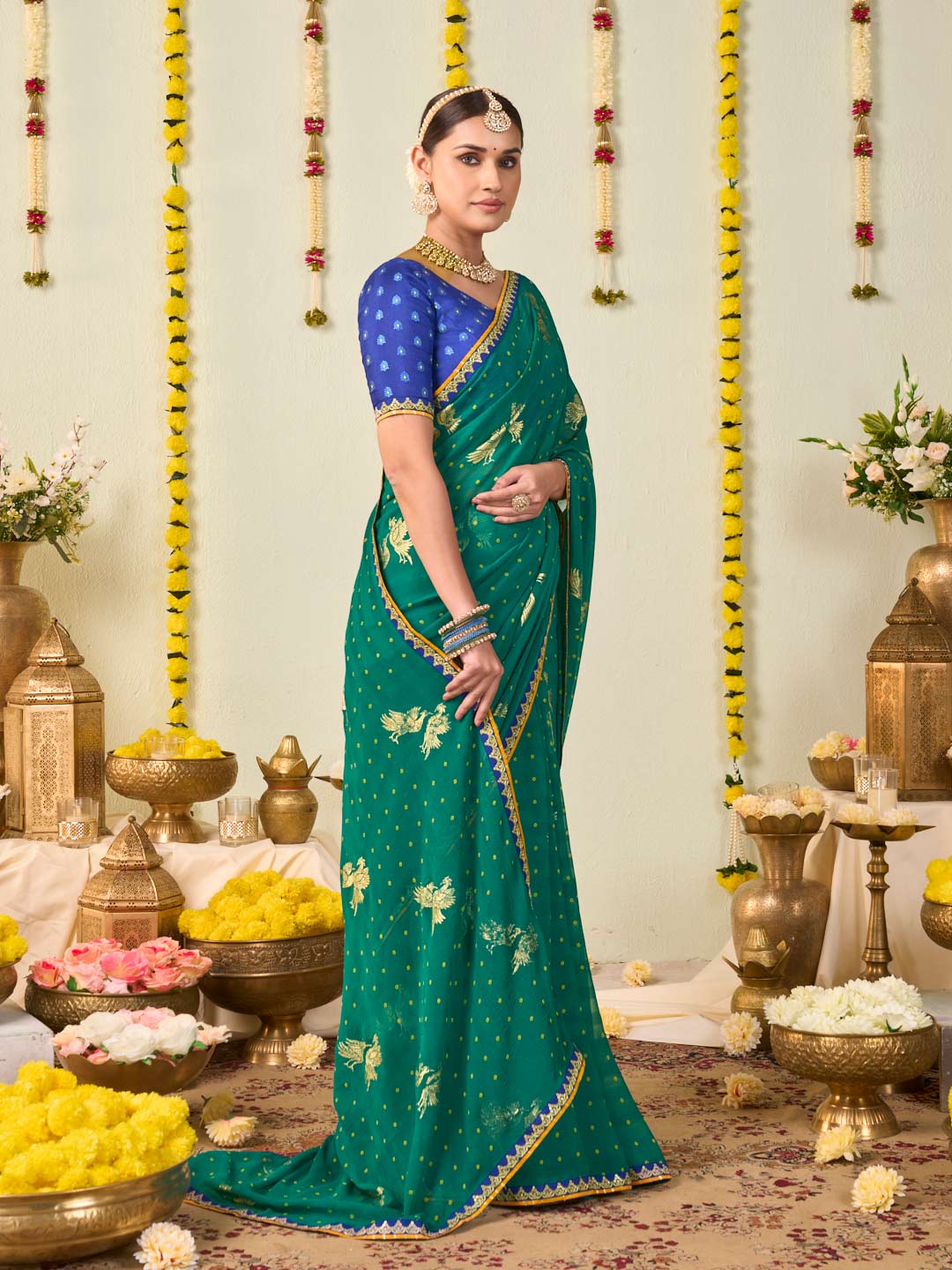 Green bandhani printed georgette saree wedding wear