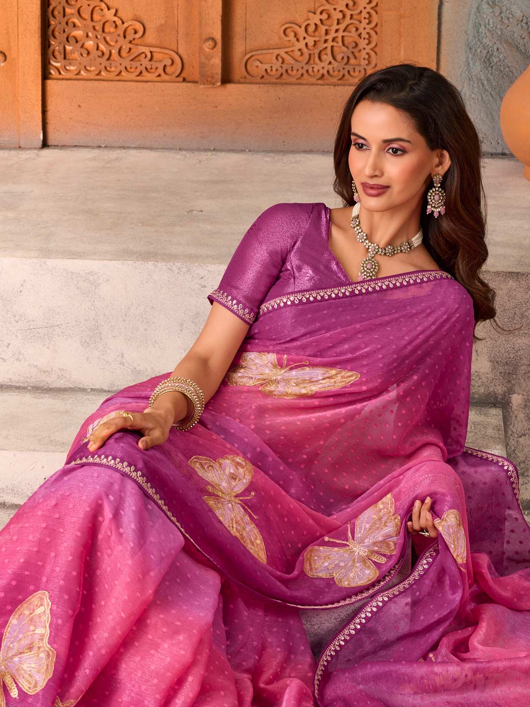 Purple butterfly printed chiffon saree wedding wear
