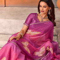 Purple butterfly printed chiffon saree wedding wear