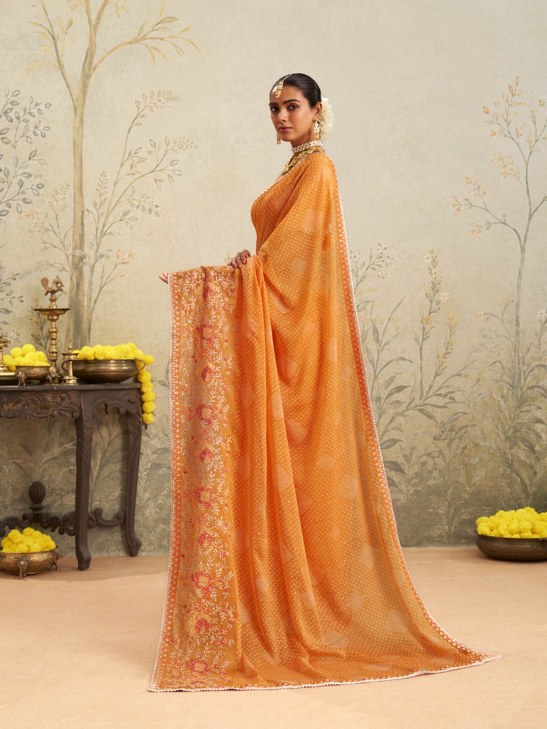 Orange floral embroidered chiffon saree daily wear