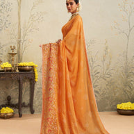 Orange floral embroidered chiffon saree daily wear