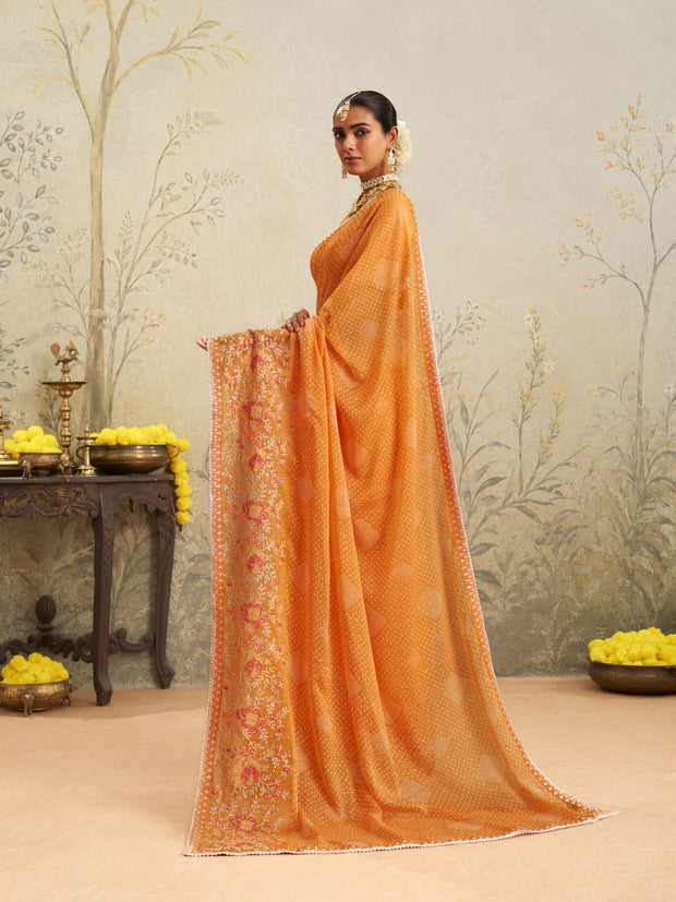 Orange floral embroidered chiffon saree daily wear