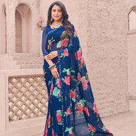 Navy blue georgette digital print saree