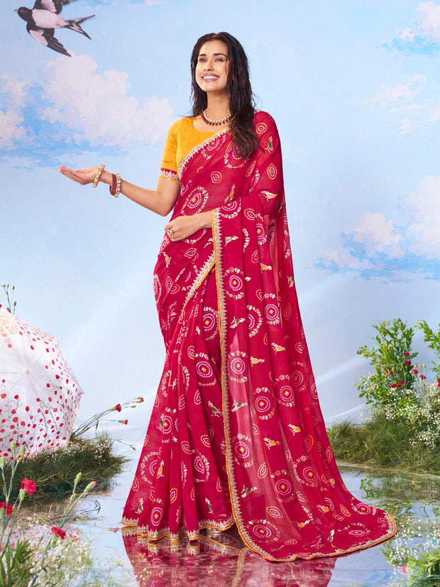 Red geometric printed georgette saree festive wear