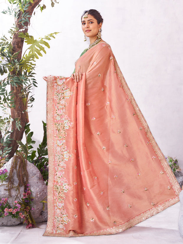 Peach embroidered saree premium look