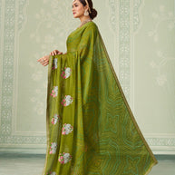 Green floral embroidered chiffon saree daily wear