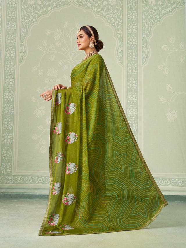 Green floral embroidered chiffon saree daily wear