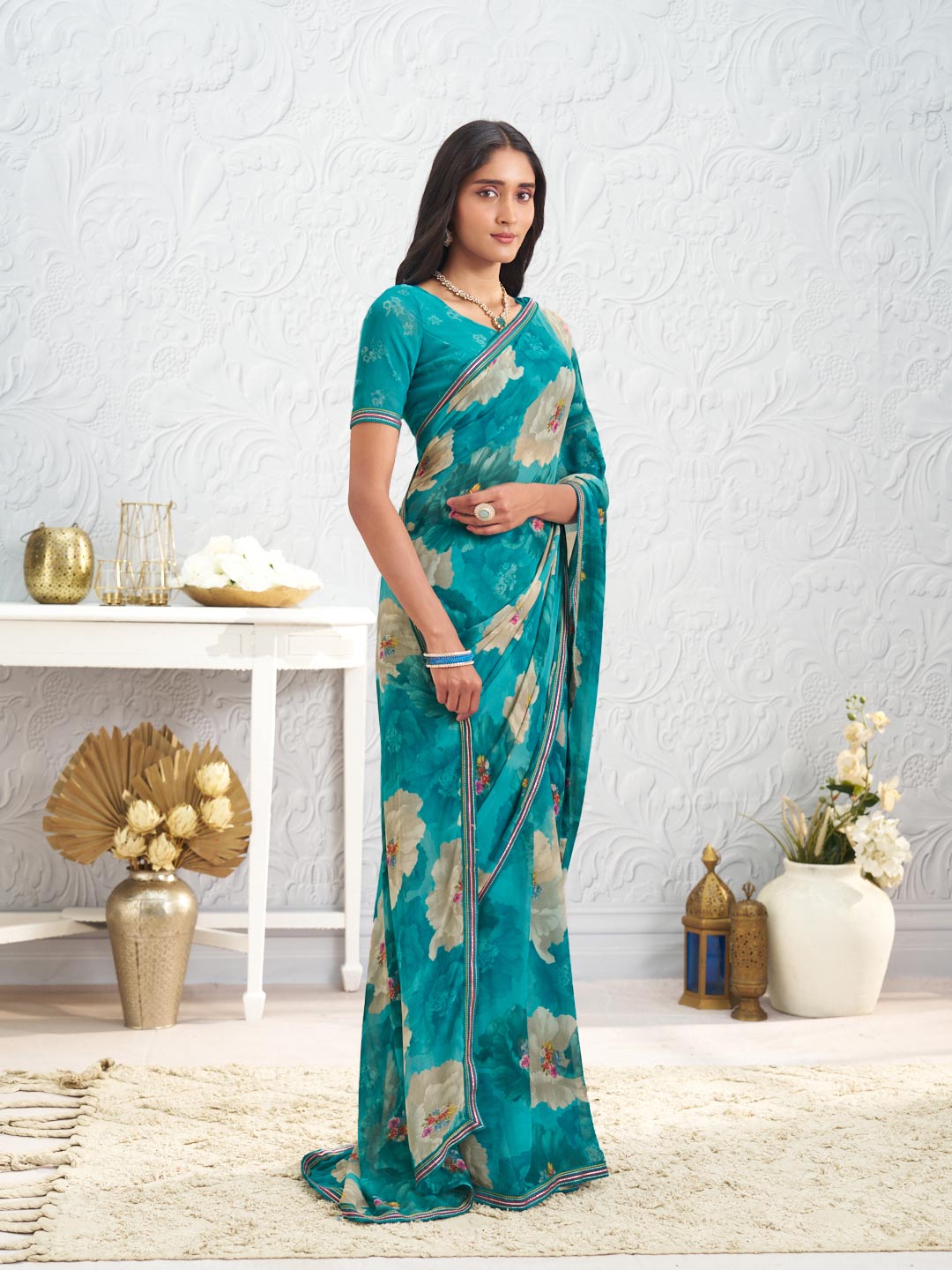 Blue floral printed georgette saree casual wear