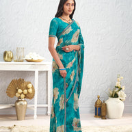 Blue floral printed georgette saree casual wear