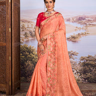 Brown floral embroidered chiffon saree festive wear