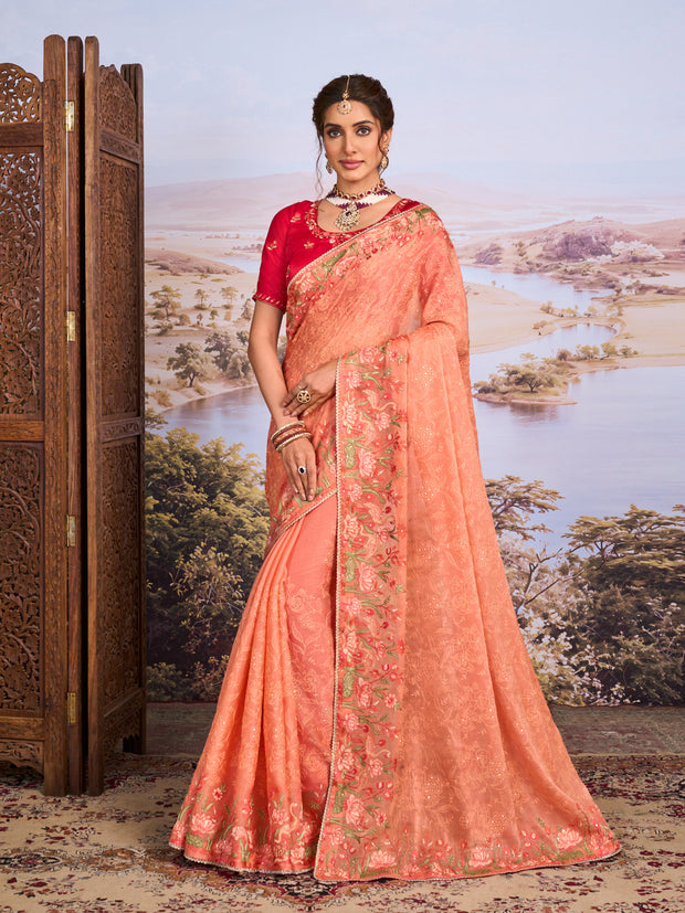 Brown floral embroidered chiffon saree festive wear