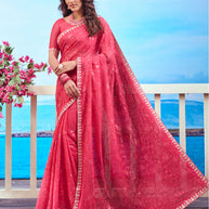 Red floral embroidered chiffon saree festive wear