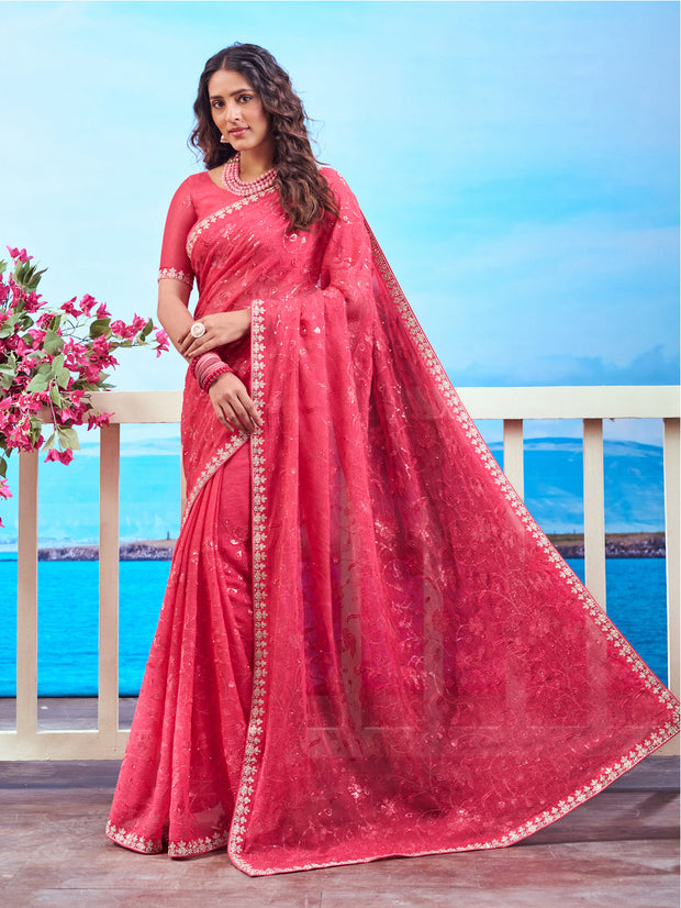 Red floral embroidered chiffon saree festive wear