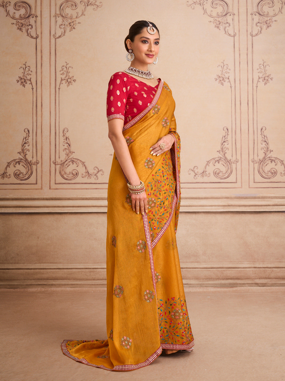 Orange floral embroidered chiffon saree casual wear