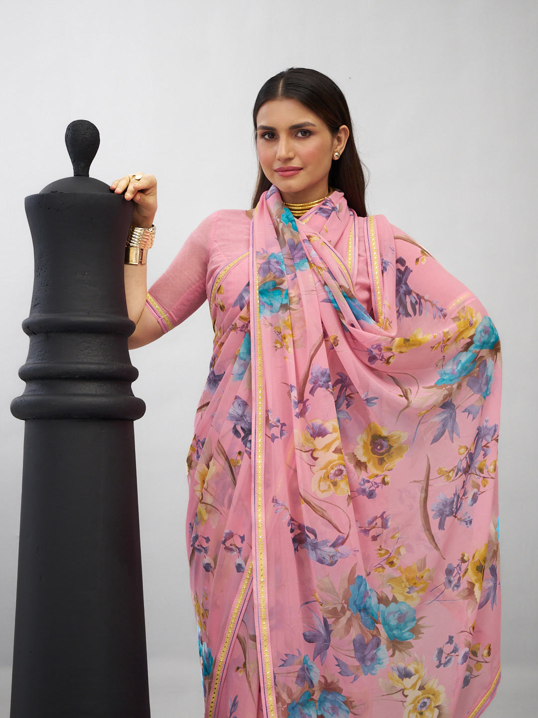 Pink floral georgette saree trendy wear