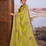 Green floral embroidered chiffon saree casual wear