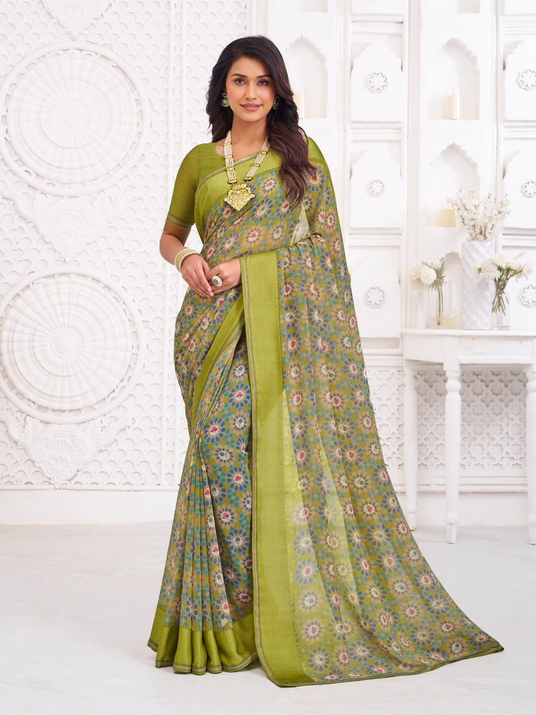 Green georgette floral print saree