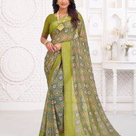 Green georgette floral print saree